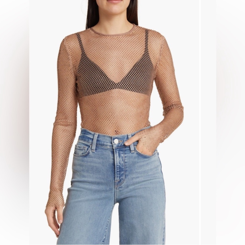 WAYF Mika Metallic Mesh Long Sleeve Top Bronze Mesh